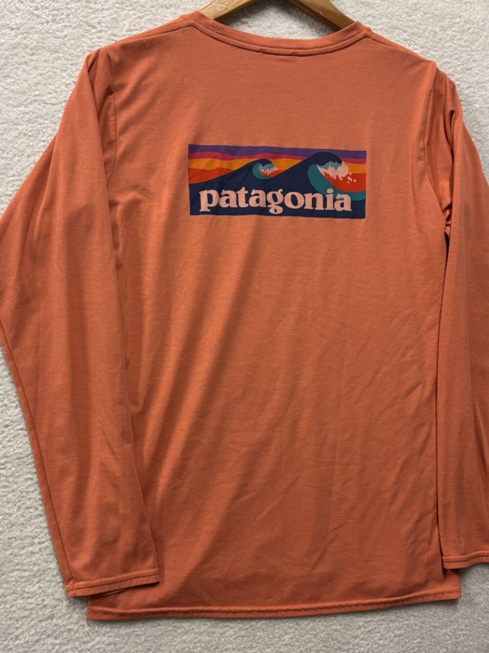 Patagonia Capilene Cool Daily Mens M LS Shirt Great Waves Graphic Orange UPF50.
